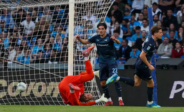 Lazio's Toma Basic celebrates after scoring during the Italian Serie A soccer match between Napoli and Lazio in Naples, Italy, Saturday, April 18, 2026. (Alessandro Garofalo/LaPresse via AP)