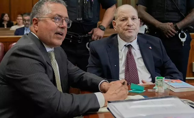Harvey Weinstein, right, and defense attorney Marc Agnifilo appear in criminal court, in New York, Tuesday, April 28, 2026. (AP Photo/Richard Drew, Pool)