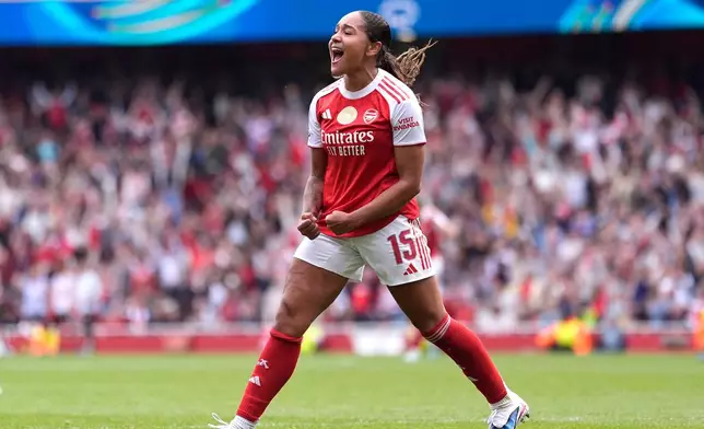 Arsenal's Olivia Smith celebrates scoring her side's second goal during the Women's Champions League semi-final, first leg soccer match between Arsenal and OL Lyonnes in London, England, Sunday, April 26, 2026. (Andrew Matthews/PA via AP)
