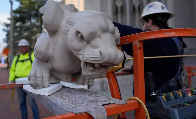 The final new terra cotta gargoyle is prepared for installation high on the Cathedral Basilica of the Assumption, known as "America's Notre Dame," in Covington, Ky., on Monday, March 30, 2026. (AP Photo/Carolyn Kaster)