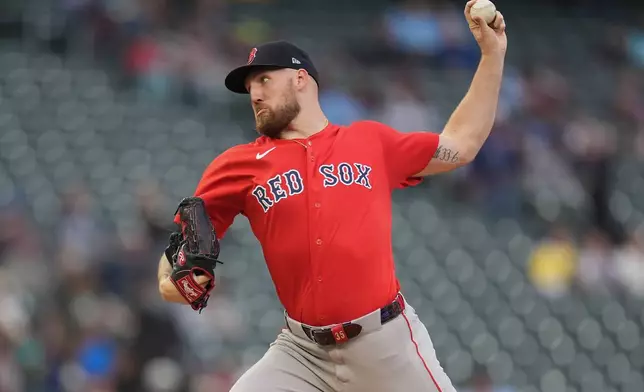 Boston Red Sox starting pitcher Garrett Crochet (35) delivers during the first inning of a baseball game against the Minnesota Twins Monday, April 13, 2026, in Minneapolis. (AP Photo/Abbie Parr)