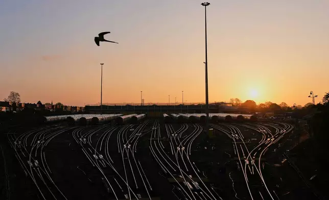 Piccadilly line trains are parked in a depot as RMT Union (The National Union of Rail, Maritime and Transport Workers) drivers are on a 24-hour Tube strike in London, Wednesday, April 22, 2026. (AP Photo/Frank Augstein)