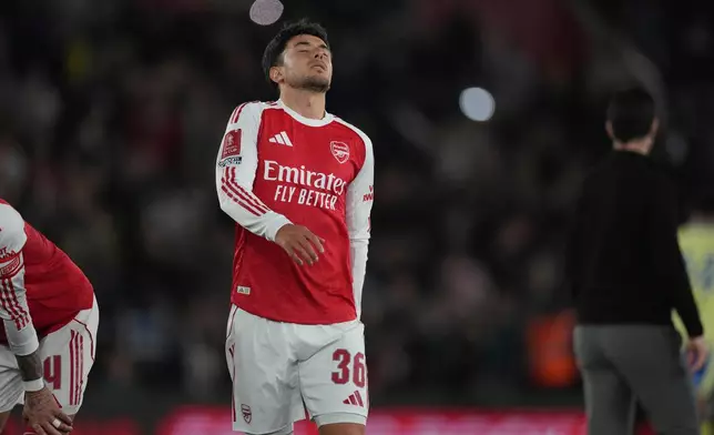 Arsenal's Martin Zubimendi reacts after the English FA Cup quaterfinal soccer match between Southampton and Arsenal in Southampton, England, Saturday, April 4, 2026. (AP Photo/Dave Shopland)