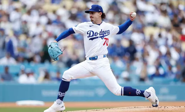 Los Angeles Dodgers starting pitcher Justin Wrobleski (70) throws during the first inning of a baseball game against the Chicago Cubs, Sunday, April 26, 2026, in Los Angeles. (AP Photo/Caroline Brehman)