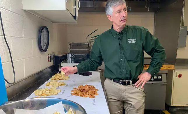 David Douches, a Michigan State University professor who leads the school's Potato Breeding and Genetics Program, holds a potato chip in his hand during a taste testing in East Lansing, Mich., on Tuesday, March 24, 2026 (AP Photo/Mike Householder)