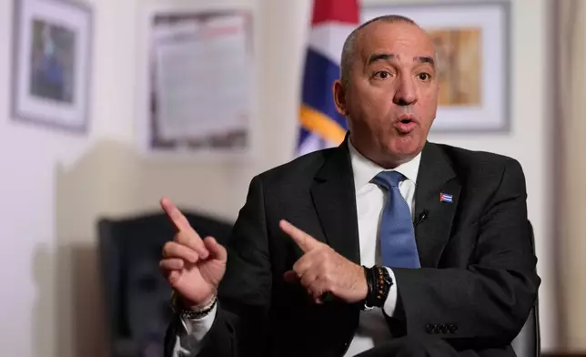 Ernesto Soberón Guzmán, Cuban ambassador to the United Nations, speaks to reporters in New York, Thursday, April 23, 2026. (AP Photo/Seth Wenig)