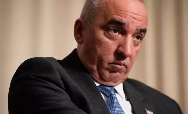 Ernesto Soberón Guzmán, Cuban ambassador to the United Nations, speaks to reporters in New York, Thursday, April 23, 2026. (AP Photo/Seth Wenig)