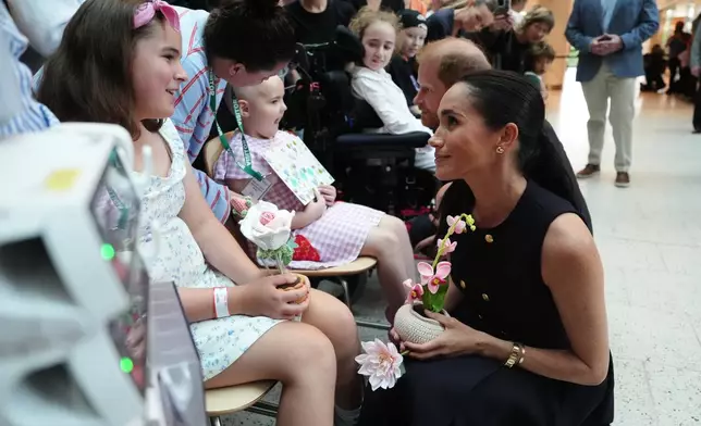 Britain's Prince Harry and Meghan Markle, the Duke and Duchess of Sussex, meet patients and their family members during a visit to the Royal Children's Hospital Melbourne, Australia Tuesday, April 14, 2026. (Jonathan Brady/Pool Photo via AP)