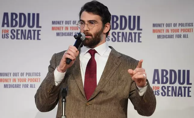 Hasan Piker speaks at a campaign rally for Abdul El-Sayed, a progressive candidate in the Democratic primary for U.S. Senate in Michigan, Tuesday, April 7, 2026, at the University of Michigan in Ann Arbor, Mich. (AP Photo/Julia Demaree Nikhinson)