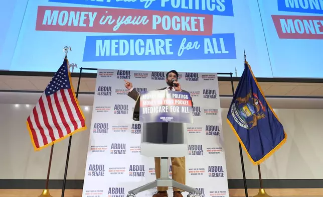 Hasan Piker speaks at a campaign rally for Abdul El-Sayed, a progressive candidate in the Democratic primary for U.S. Senate in Michigan, Tuesday, April 7, 2026, at the University of Michigan in Ann Arbor, Mich. (AP Photo/Julia Demaree Nikhinson)