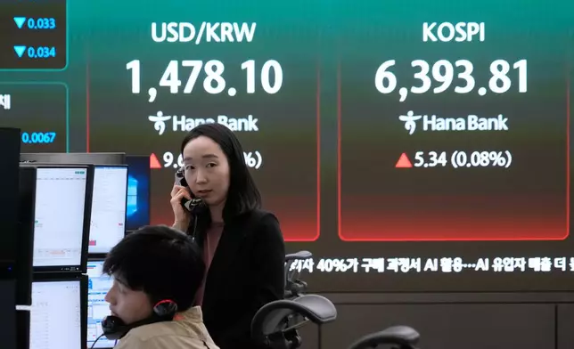 Currency traders talk on the phones near a screen showing the Korea Composite Stock Price Index (KOSPI), right, and the foreign exchange rate between U.S. dollar and South Korean won at the foreign exchange dealing room of the Hana Bank headquarters in Seoul, South Korea, Wednesday, April 22, 2026. (AP Photo/Ahn Young-joon)