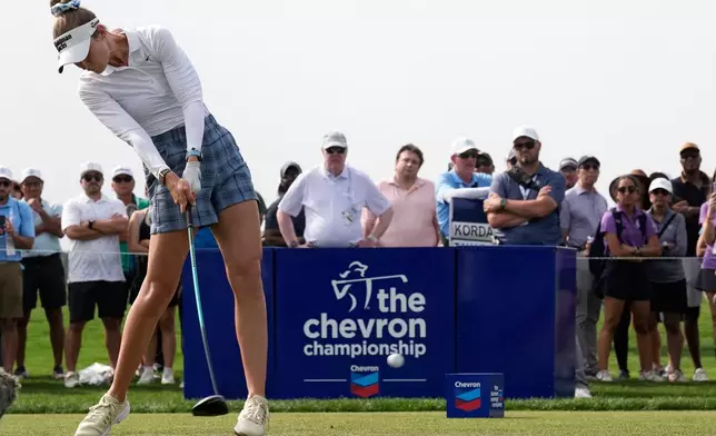 Nelly Korda hits her tee shot on the 18th hole during the third round of the Chevron Championship LPGA golf tournament Saturday, April 25, 2026, in Houston. (AP Photo/David J. Phillip)