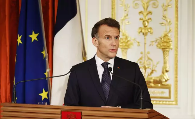 French President Emmanuel Macron speaks during a joint press conference with Japanese Prime Minister Sanae Takaichi at the Akasaka Palace state guest house in Tokyo Wednesday, April 1, 2026. (Franck Robichon/Pool Photo via AP)