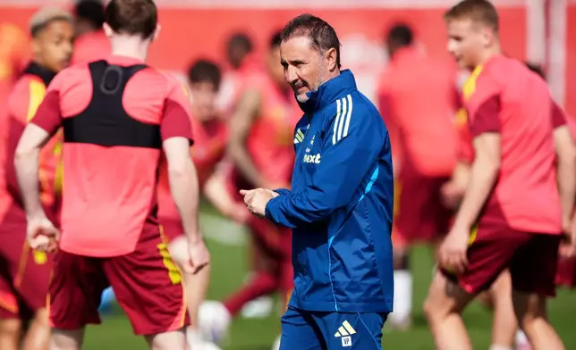 Nottingham Forest manager Vitor Pereira looks on, during a training session at the Nigel Doughty Academy, in Nottingham, England, Wednesday April 8, 2026. (Mike Egerton/PA via AP)