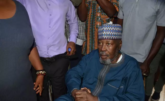 Retired Major Gen. Mohammed Ibrahim Gana, accused of plotting to overthrow Nigerian President Bola Tinubu, arrives at the federal high court in Abuja, Nigeria, Wednesday, April 22, 2026. (AP Photo/Gbemiga Olamikan)
