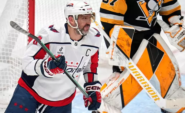 Washington Capitals' Alex Ovechkin (8) skates during the first period of an NHL hockey game against the Pittsburgh Penguins in Pittsburgh, Saturday, April 11, 2026. (AP Photo/Gene J. Puskar)