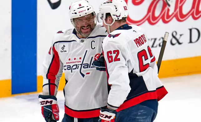 Washington Capitals' Ilya Protas (62) celebrates with Alex Ovechkin (8) after scoring his first NHL goal during the third period of an NHL hockey game against the Pittsburgh Penguins in Pittsburgh, Saturday, April 11, 2026. (AP Photo/Gene J. Puskar)