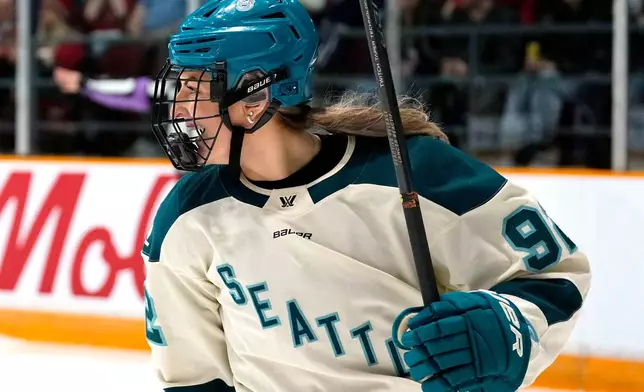 Seattle Torrent's Danielle Serdachny (92) celebrates her goal against the Ottawa Charge during second period PWHL hockey action in Ottawa, on Wednesday, April 8, 2026. (ustin Tang/The Canadian Press via AP)
