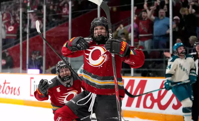 Ottawa Charge's Gabbie Hughes (17) reacts after scoring against the Seattle Torrent during third period PWHL hockey action in Ottawa, on Wednesday, April 8, 2026. (Justin Tang/The Canadian Press via AP)