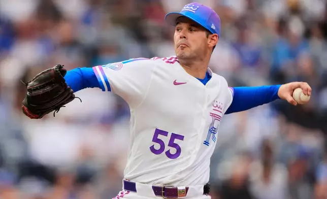 Kansas City Royals starting pitcher Cole Ragans throws second during the first inning of a baseball game against the Los Angeles Angels,Saturday, April 25, 2026, in Kansas City, Mo. (AP Photo/Charlie Riedel)