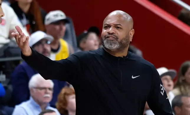 Detroit Pistons head coach J.B. Bickerstaff argues a call during the first half in Game 5 of a first-round NBA basketball playoffs series against the Orlando Magic Wednesday, April 29, 2026, in Detroit. (AP Photo/Duane Burleson)