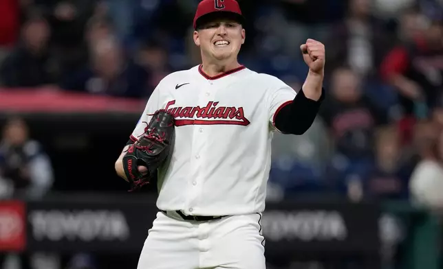 Cleveland Guardians pitcher Parker Messick reacts after the third out in the top of the eighth inning of a baseball game against the Baltimore Orioles in Cleveland, Thursday, April 16, 2026. (AP Photo/Sue Ogrocki)