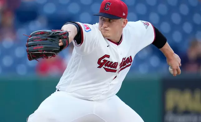 Cleveland Guardians' Parker Messick pitches in the first inning of a baseball game against the Baltimore Orioles in Cleveland, Thursday, April 16, 2026. (AP Photo/Sue Ogrocki)