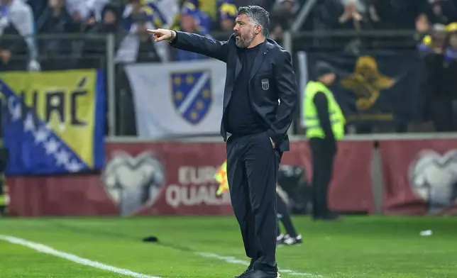 Italy coach Gennaro Gattuso gestures from the touchline during the World Cup qualifying playoff final soccer match between Bosnia and Italy in Zenica, Bosnia, Tuesday, March 31, 2026. (AP Photo/Armin Durgut)
