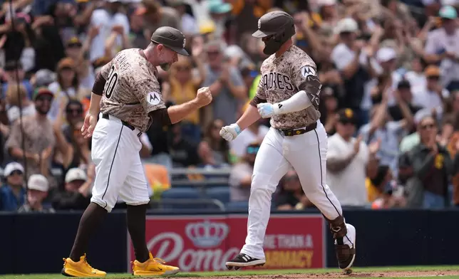 San Diego Padres' Ty France, right, celebrates with third base coach Bob Henley after hitting a home run during the fourth inning of a baseball game against the Colorado Rockies Sunday, April 12, 2026, in San Diego. (AP Photo/Gregory Bull)