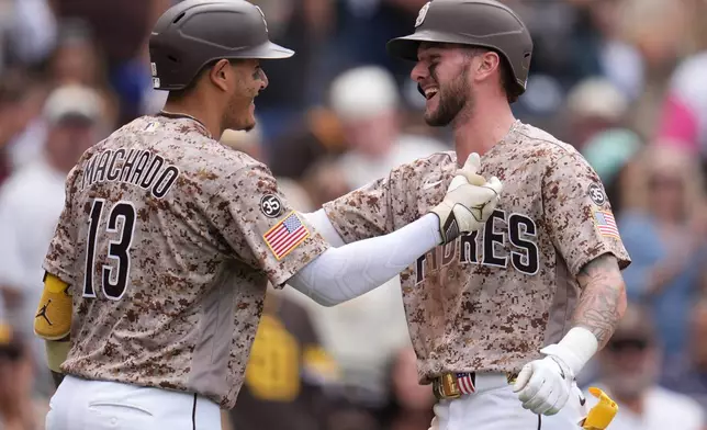 San Diego Padres' Jackson Merrill, right, celebrates his home run with teammate Manny Machado during the seventh inning of a baseball game against the Colorado Rockies Sunday, April 12, 2026, in San Diego. (AP Photo/Gregory Bull)