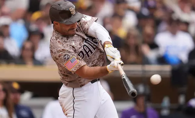 San Diego Padres' Ramón Laureano hits a two-run home run during the sixth inning of a baseball game against the Colorado Rockies Sunday, April 12, 2026, in San Diego. (AP Photo/Gregory Bull)