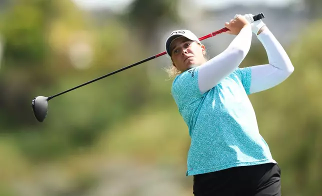 Lauren Coughlin hits from the seventh tee during the first round of the LPGA's JM Eagle LA Championship golf tournament at El Caballero Country Club, Thursday, April 16, 2026, in Los Angeles. (AP Photo/Jessie Alcheh)