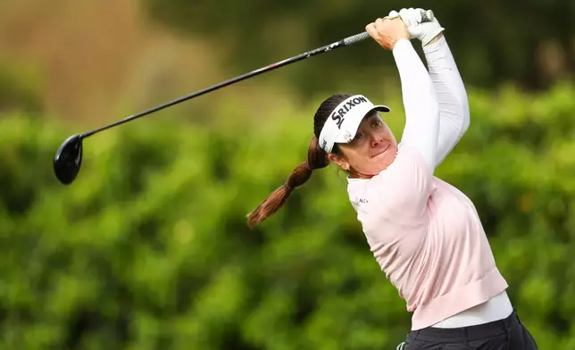 Hannah Green hits from the fourteenth tee during the first round of the LPGA's JM Eagle LA Championship golf tournament at El Caballero Country Club Thursday, April 16, 2026, in Los Angeles. (AP Photo/Jessie Alcheh)