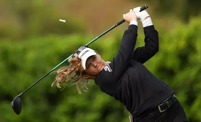 Brooke Henderson hits from the fourteenth tee during the first round of the LPGA's JM Eagle LA Championship golf tournament at El Caballero Country Club Thursday, April 16, 2026, in Los Angeles. (AP Photo/Jessie Alcheh)