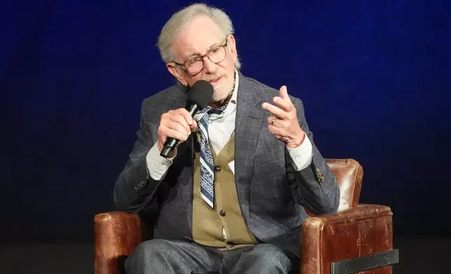 Steven Spielberg, winner of the MPA America250 Award, speaks during the Universal Pictures and Focus Features presentation at CinemaCon on Wednesday, April 15, 2026, at Caesars Palace in Las Vegas. (AP Photo/Chris Pizzello)