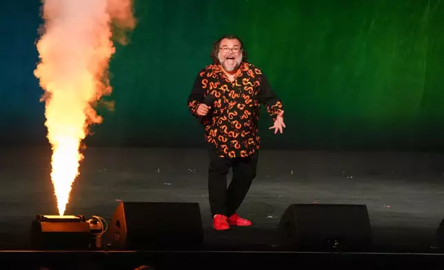 Cast member Jack Black of the upcoming film "The Super Mario Galaxy Movie" speaks during the Universal Pictures and Focus Features presentation at CinemaCon on Wednesday, April 15, 2026, at Caesars Palace in Las Vegas. (AP Photo/Chris Pizzello)