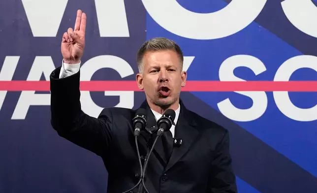 Peter Magyar, the leader of the opposition Tisza party attends a rally in Debrecen, Hungary, Saturday, April 11, 2026. (AP Photo/Darko Bandic)