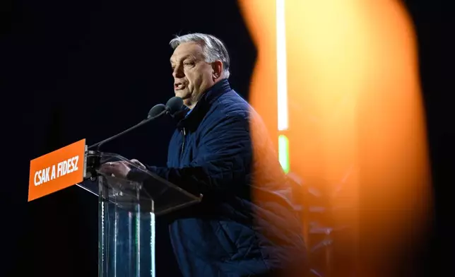 Hungary's Prime Minister Viktor Orban attends the electoral campaign closing rally of the governing Fidesz in Budapest, Hungary, Saturday, April 11, 2026. (AP Photo/Denes Erdos)