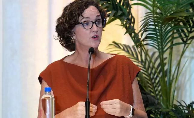 Katie Porter speaks during a gubernatorial candidate forum on Latino and immigrant communities in Sacramento, Calif., Tuesday, April 14, 2026. (AP Photo/Godofredo A. Vásquez)