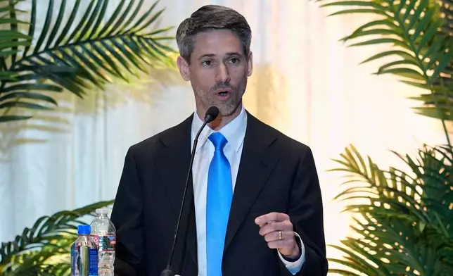 Matt Mahan speaks during a gubernatorial candidate forum on Latino and immigrant communities in Sacramento, Calif., Tuesday, April 14, 2026. (AP Photo/Godofredo A. Vásquez)