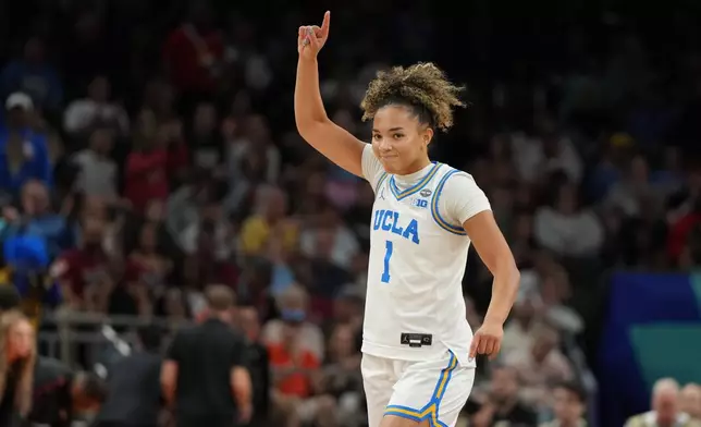 UCLA guard Kiki Rice (1) celebrates after a play against South Carolina during the second half of the women's National Championship Final Four NCAA college basketball tournament game, Sunday, April 5, 2026, in Phoenix. (AP Photo/Rick Scuteri)
