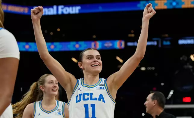 UCLA guard Gabriela Jaquez (11) celebrates after UCLA defeated Texas in a women's NCAA college basketball tournament semifinal game at the Final Four, Friday, April 3, 2026, in Phoenix. (AP Photo/Ross D. Franklin)