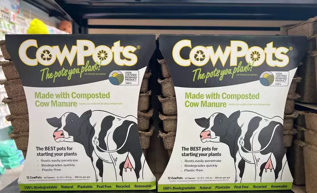 Packages of plastic-free, manure-based CowPots planting pots appear on Long Island, N.Y., on April 8, 2026. (Jessica Damiano via AP)