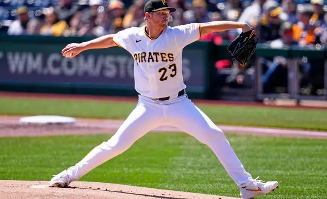 Pittsburgh Pirates pitcher Mitch Keller delivers during the first inning of a baseball game San Diego Padres in Pittsburgh, Wednesday, April 8, 2026. (AP Photo/Gene J. Puskar)