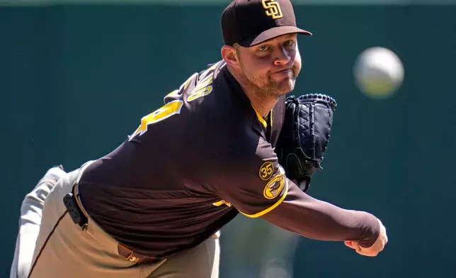 San Diego Padres pitcher Michael King delivers during the first inning of a baseball game against the Pittsburgh Pirates in Pittsburgh, Wednesday, April 8, 2026. (AP Photo/Gene J. Puskar)