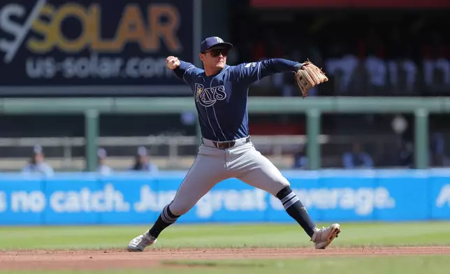 Tampa Bay Rays shortstop Ben Williamson throws out Minnesota Twins' Luke Keaschall during the first inning of a baseball game Sunday, April 5, 2026, in Minneapolis. (AP Photo/Bailey Hillesheim)