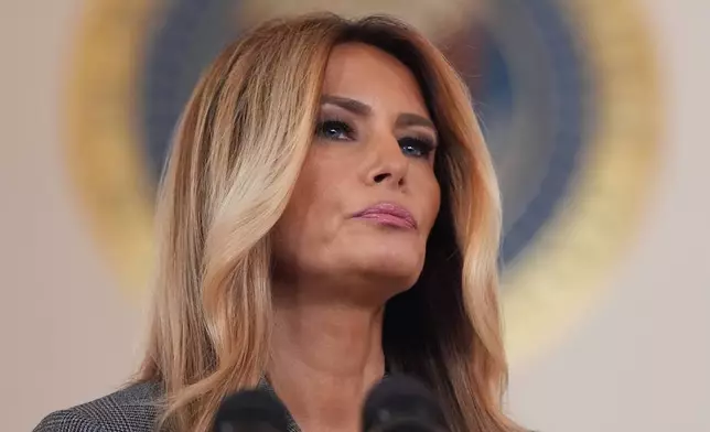 First lady Melania Trump speaks to reporters Thursday, April 9, 2026, in the Grand Foyer of the White House in Washington. (AP Photo/Jacquelyn Martin)
