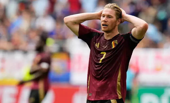 FILE - Belgium's Kevin De Bruyne gestures after missing a chance during a round of sixteen match between France and Belgium at the Euro 2024 soccer tournament in Dusseldorf, Germany, Monday, July 1, 2024. (AP Photo/Hassan Ammar, File)