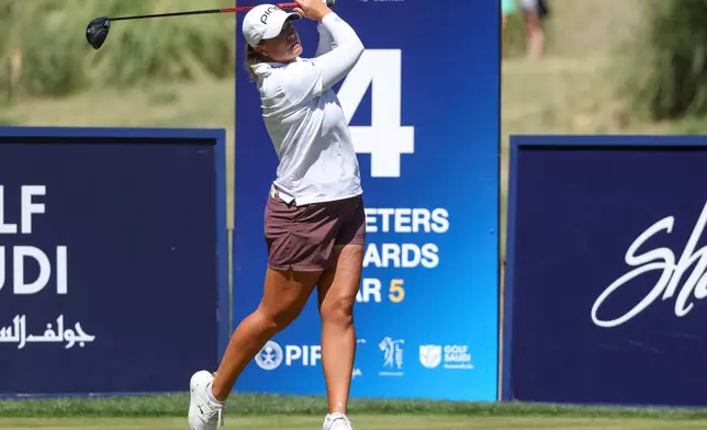 Lauren Coughlin hits a tee shot on the fourth hole during the final round of the Aramco Championship golf tournament Sunday, April 5, 2026, in North Las Vegas, Nev. (AP Photo/Ian Maule)