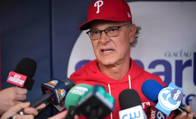 Philadelphia Phillies interim manager Don Mattingly speaks during a news conference before a baseball game against the San Francisco Giants Tuesday, April 28, 2026, in Philadelphia. (AP Photo/Matt Slocum)